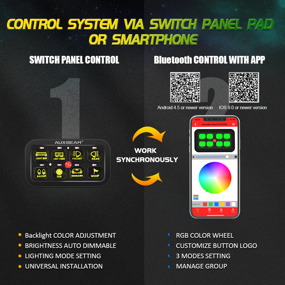 AR-800 MULTIFUNCTION RGB SWITCH PANEL WITH BLUETOOTH CONTROLLED & 47 INCH EXTENSION CABLE(OPTIONAL) FOR JEEP